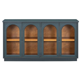 TREXM 4-Door Large Storage Buffet Cabinet with Glass Doors, Arched Cabinet with Adjustable Shelves for Kitchen, Dining Room and Living Room (Navy)