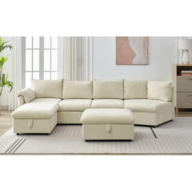 146.9" L-shaped Sofa Sectional Sofa Couch Pull-out Sofa Bed with a Movable Storage Ottoman, a Storage Chaise Lounge and Two USB Ports for Living Room, Beige N719S001520A