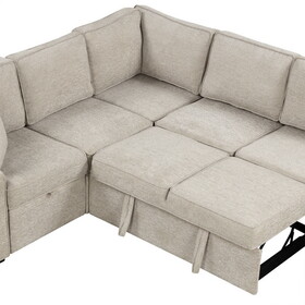 126" L-shaped Sofa Sectional Sofa Couch Pull-out Sofa Bed with Charging Devices and Cup Holders for Living Room, Beige N719S001530A