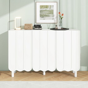 ON-TREND Cream Style Minimalist Shoe Cabinet with 5 Solid Wood Legs, Sideboard Buffet Cabinet with Adjustable Shelves, Large Storage Cabinet with Wave Doors for Living Room, White N721P180695K