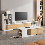 ON-TREND Extendable TV Stand and Coffee Table, Set of 2, Media Console with 3 Tier Bookshelves for TVs up to 110