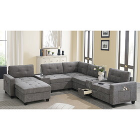 104" Sectional Sofa with Acrylic Table Top,Chenille U Shaped Couch Set with 2 Consoles,USB Charger,Storage Drawers and Pockets,Movable Ottoman,Tufted Sofa for Living Room,Apartment,2 Colors