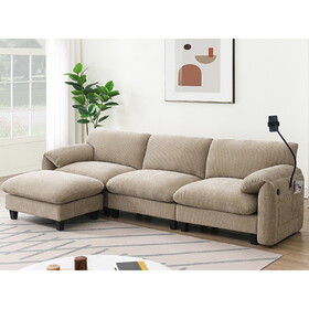 108" Modular Sectional Sofa, L-Shape with 31.5" Extra-Wide Seat Cushion, USB and Type-C Charger, Phone Holder and 2 Side Storage Pockets, Free Movement Ottoman, Striped Chenille