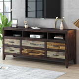 U-Can Retro Distressed Wooden TV Stand for TVs up to 65 inches, Entertainment Center Media Console with 6 Drawers and 3 Shelves for Living room, Brown N724P176487D