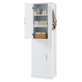 Tall Bathroom Storage Cabinet, Freestanding Storage Cabinet with Hook and Adjustable Shelf, MDF Board, White N725P241834K