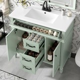 36 inch Bathroom Vanity with Sink Combo, Green Freestanding Cabinet with Ceramic Basin, MDF + Solid Wood Frame, Flip-Out Top Drawer, Soft Close Doors, 2 Storage Drawers, Black Handles