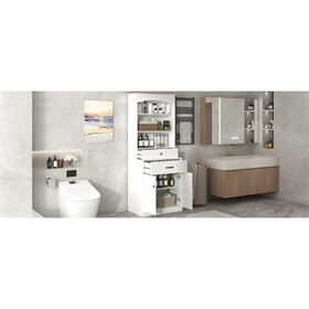 White Bathroom Storage Cabinet with Four Doors, Drawers, Adjustable Shelf & Six Open Shelves - Durable MDF Construction, Combo N725P252486K