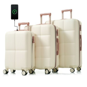 Luggage Set of 3, 20-inch with USB Port, Airline Certified Carry-on Luggage with Cup Holder, ABS Hard Shell Luggage with Spinner Wheels, white P-N726P170956A