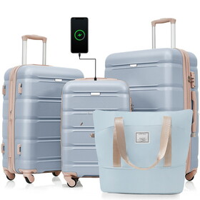 Luggage Sets 4 Piece, 20-inch with USB Port, Expandable ABS Durable Suitcase with Travel Bag, Cup Holder, ABS Hard Shell Luggage with Spinner Wheels, light blue and golden N726P171002D