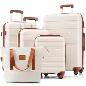 5-Piece Luggage Set with Expandable Travel Bag - Includes 16", 20", 24", 28" Suitcases with 360&#176; Spinner Wheels and Adjustable Telescopic Handles, ivory and brown