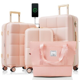 Luggage Sets 4 Piece, 20-inch with USB Port, Expandable ABS Durable Suitcase with Travel Bag, Cup Holder, ABS Hard Shell Luggage with Spinner Wheels, pink