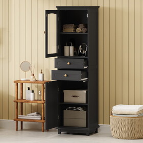 Tall Bathroom Storage Cabinet with Glass Doors, Free-Standing, Two Drawers, and Adjustable Shelves, MDF Board, Painted Black - Perfect for Displaying Your Favorite Items N729P171305B