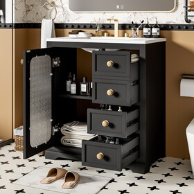 30-inch bathroom vanity with a soft close glass door, adjustable shelves, and three drawers