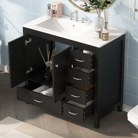 36" Black Bathroom Vanity with Ceramic Sink Combo, Abundant Storage Cabinet -2 Soft close doors and 5 drawers