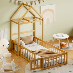 Wooden Twin Size Children's Bed with Detachable Headboard and Integrated Clothes Drying Rack, Natural