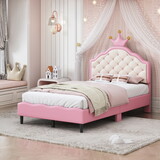 Twin Size Lovely Crown Fantasy PU Leather Princess Bed with Tufted Headboard, Pink+Cream P-N733P171459H
