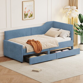 Twin Size L-Shaped Corduroy Daybed,Upholstered Bed Frame with 2 Storage Drawers,Blue N733P171470A