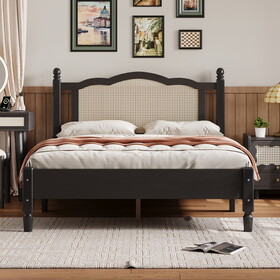 Full Size Wooden Platform Bed with Natural Rattan Headboard, Vintage Bed Frame with Wooden Slat Support, Black N733P180014B