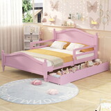 Full Size Wood Platform Bed with Guardrails on Both Sides and Two Storage Drawers,Pink N733P185868H