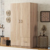 Wooden Wardrobe with Double Doors, Armoire with Hanging Rod, 5 Fixed Shelves, One Storage Drawer,Natural P-N733S170773B