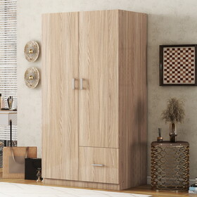 Wooden Wardrobe with Double Doors, Armoire with Hanging Rod, 5 Fixed Shelves, One Storage Drawer,Natural N733S170773B