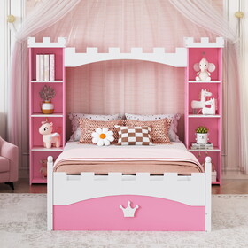 Castle-Shaped Wooden Bed with Storage Shelf, Dreamy Twin Size Platform Bed for Kids Bedroom, Pink+ White N733S177379H