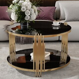 Modern Black Mirror Coffee Table, asymmetrical Metal, Circular Metal Drum Base, Gold Finish & Lower Shelf N735P177478B