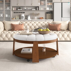 Modern Large Round Ottoman Coffee Table 2-Tier Oversized Button Tufted Ottoman with Wood Shelf Storage Upholstered Coffee Table for Living Room Footrest Ottoman with wheel, waterproof Linen