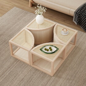 Round to Square Block Modular Coffee Table Light Natural Rattan with Storage 4 Piece N735P185130N