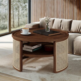 2-Tiered Round Walnut Wood Coffee Table with Storage Rattan Base in 31.3"