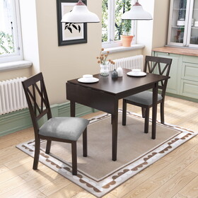 3 Piece Kitchen Dining Set with Drop Leaf Dining Table and 2 Dining Upholstered Chairs, Dining Room Set for Small Places, Espresso N752S000617A