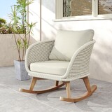 Contemporary Minimalist Beige Wicker Rocking Chair with Soft Polyester Cushions and Durable Wooden Frame, Perfect for Indoor and Outdoor Spaces like Patio, Balcony, or Living Room