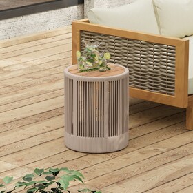 Outdoor Rattan rope & Acacia Wood Side Table - Patio Balcony Furniture for Garden, Yard, Balcony - Weather Resistant(Rope Beige, Natural Iron)