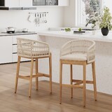 Laguna Outdoor Wood and Rope Barstool, Teak Finished Wood with Beige Cushion, Set of 2 N775P318242T