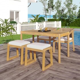 Acacia Wood Outdoor Dining Set of 5, Patio Dining Furniture Set with 1 Table 2 Benches 2 Chairs, Teak and Beige N779P191976T_N779P210772L_N779P210771L