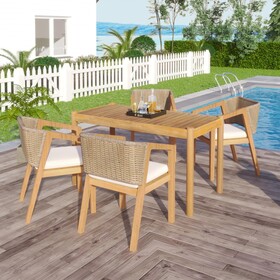 Acacia Wood Outdoor Dining Set of 5, Dining Furniture Set with 1 Table 4 Chairs, Teak and Beige N779P210772L-2_N779P210771L