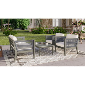 4-Pieces Acacia Wood Patio Furniture Set, Outdoor Furniture with Coffee Table, Patio Conversation Set Deep Seating with Soft Cushion, Porch Chairs for Garden, Backyard Porch Balcony, Grey & Beige