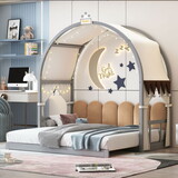 Twin Size Extended Bed with Arched Roof and Trundle, Gray