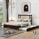 Queen Size Wooden Rattan Platform Bed, with 2 Big Drawers, T Size Trundle, Espresso