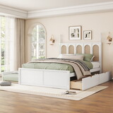 Queen Size Rattan Platform Bed with with 2 Big Drawers, T Size Trundle, White