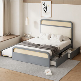 Queen size Wooden Platform Bed with Trundle and 2 Drawers,Gray