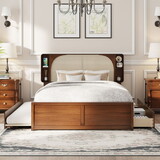 Queen Size Rattan Headboard Bed with Two Drawers and Trundle, Walnut N820S00013D