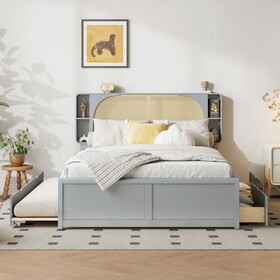 Queen Size Rattan Headboard Bed with Two Drawers and Trundle, Gray N820S00013E