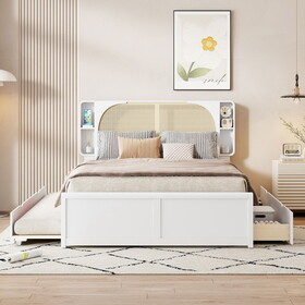 Queen Size Rattan Headboard Bed with Two Drawers and Trundle, White N820S00013K