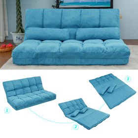 Double Chaise Lounge Sofa Floor Couch and Sofa with Two Pillows (Blue) PP036317CAA