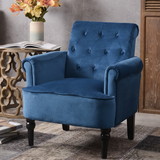 Elegant Button Tufted Club Chair Accent Armchairs Roll Arm Living Room Cushion with Wooden Legs, Navy Blue PP212509Aan