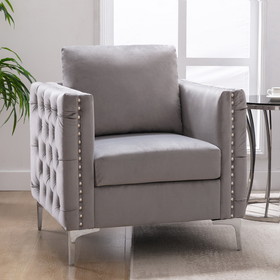 Velvet Armchair Tufted Button Accent Chair Club Chair with Steel Legs for Living Room Bedroom, Grey PP281169Aae
