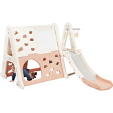 7-in-1 Toddler Climber and Slide Set Kids Playground Climber Slide Playset with Tunnel, Climber, Whiteboard, Toy Building Block Baseplates, Basketball Hoop Combination for Babies