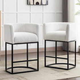 Modern Bar Stools Set of 2, 27.5" Counter Height Stools with Barrel Back and Arms, Upholstered Seat Cushion Linen Modern Kitchen Island Chair with Black Metal Frame for Kitchen Island, White