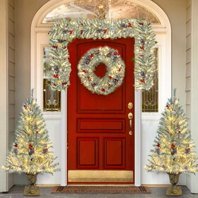 Pre-lit Xmas Tree Artificial Christmas 4-Piece Set,Garland, Wreath and Set of 2 Entrance Trees X-mas PX283311AAK